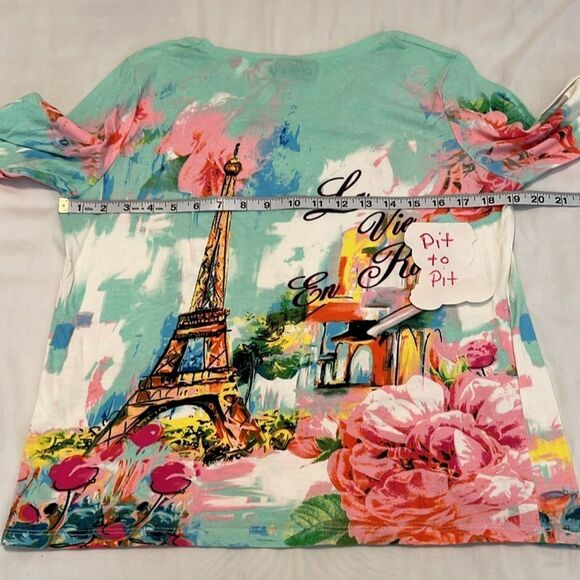 Onque casuals sz small 3/4 sleeve floral print Eiffel Tower embellished top EUC - Picture 10 of 13